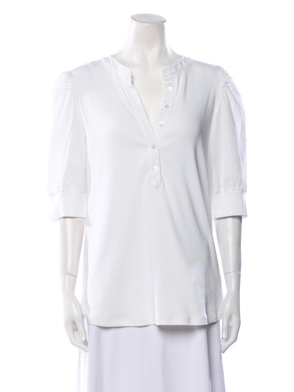 Veronica Beard White Puff-Sleeve Henley Top